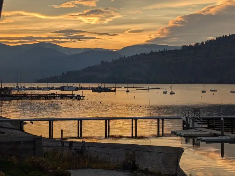 Sunset over Okanagan Lake and the Vernon Yacht Club marina from Okanagan Landing
